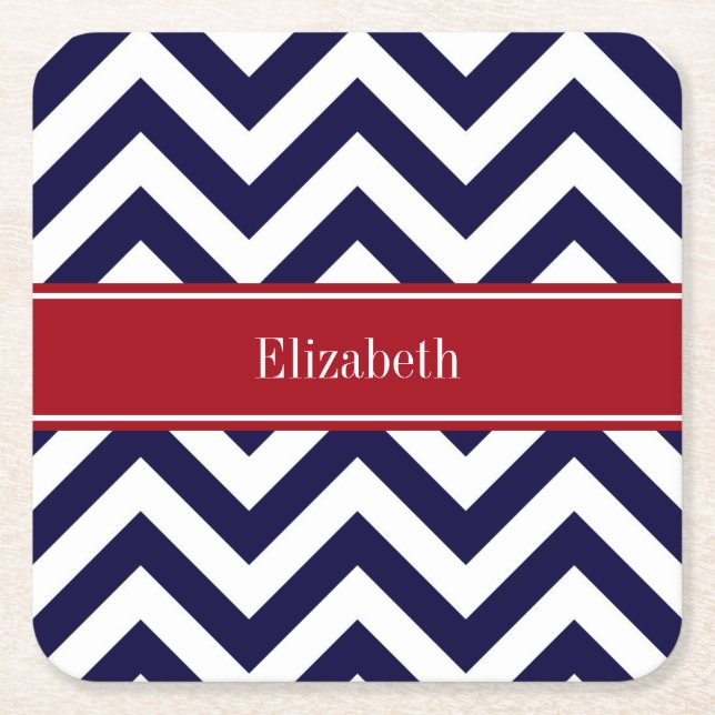 Navy Lg Chevron Cranberry Quatrefoil Name Monogram Square Paper Coaster (Front)