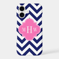 Navy Lg Chevron Hot Pink #2 Quatrefoil 3 Monogram