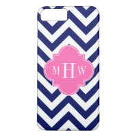 Navy Lg Chevron Hot Pink #2 Quatrefoil 3 Monogram