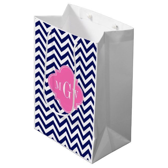 Navy Lg Chevron Hot Pink #2 Quatrefoil 3 Monogram Medium Gift Bag (Front Angled)
