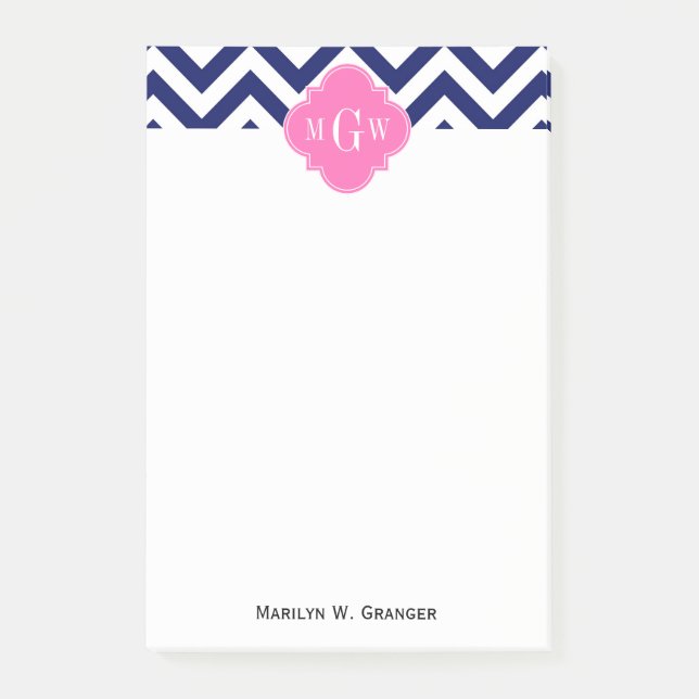 Navy Lg Chevron Hot Pink #2 Quatrefoil 3 Monogram Post-it Notes (Front)