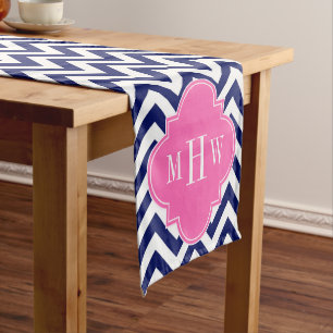 Navy Lg Chevron Hot Pink #2 Quatrefoil 3 Monogram Short Table Runner