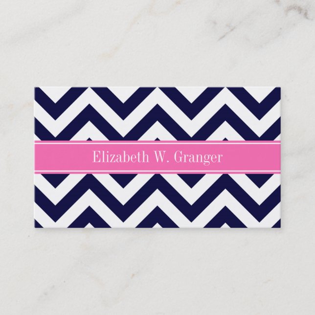 Navy Lg Chevron HotPink2 Quatrefoil Name Monogram Business Card (Front)