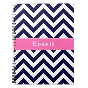 Navy Lg Chevron HotPink2 Quatrefoil Name Monogram Notebook