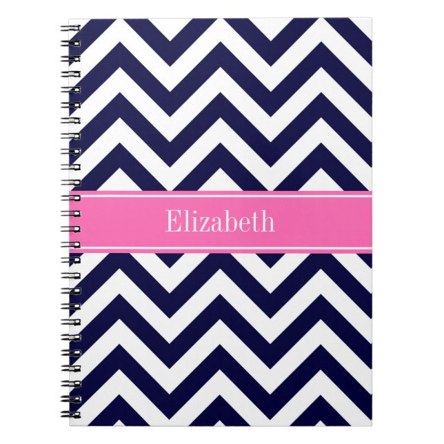 Navy Lg Chevron HotPink2 Quatrefoil Name Monogram Notebook (Front)
