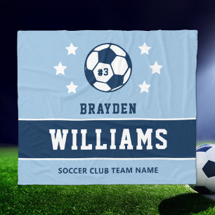 Navy Light Blue Custom Soccer Name Number Fleece Blanket