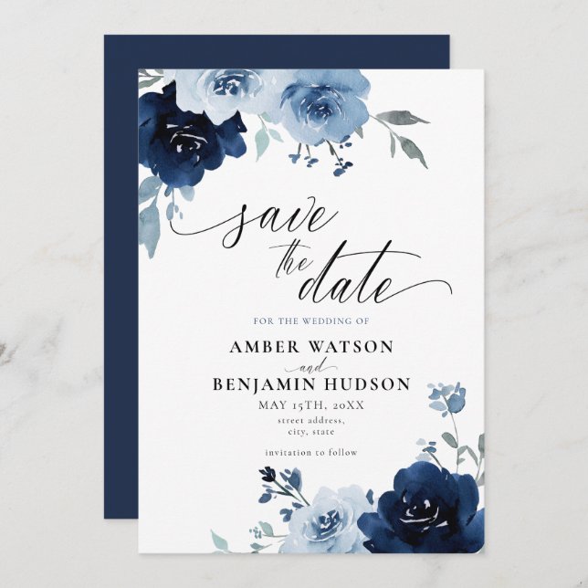 Navy Light Blue Dusty Floral Elegant Save The Date Invitation (Front/Back)