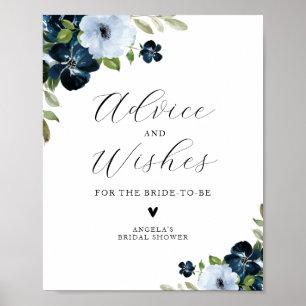 navy light blue floral bridal shower advice wishes poster