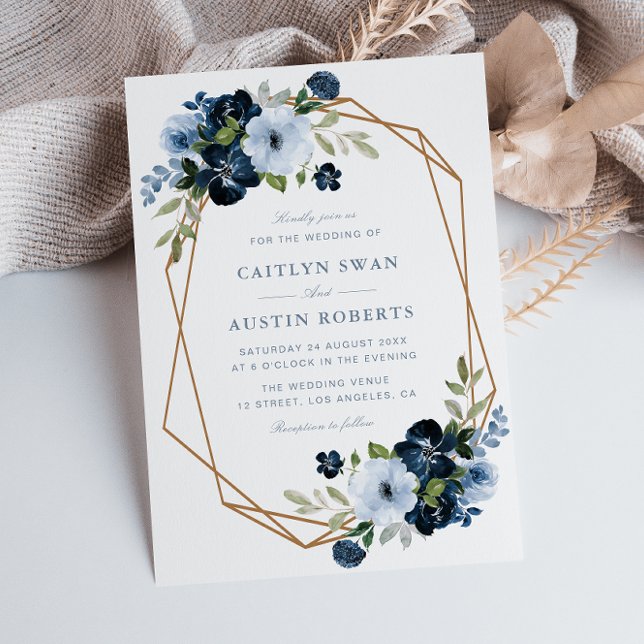 Navy & light blue floral geometric wedding invitation (Creator Uploaded)