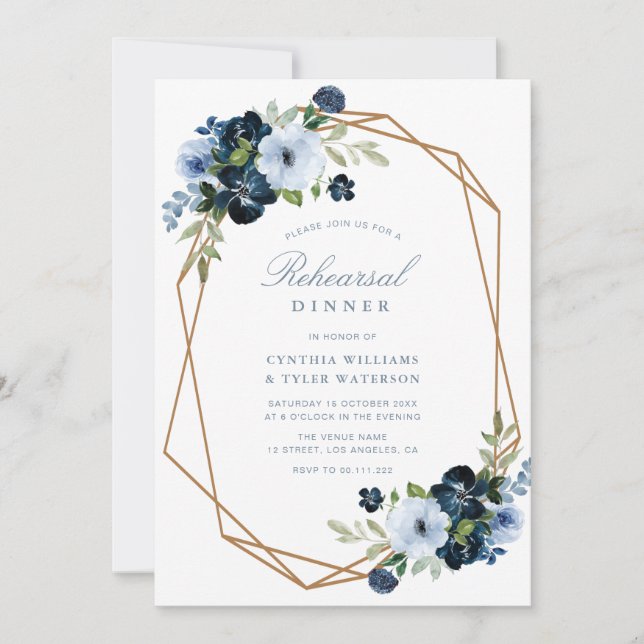 navy light blue floral rehearsal dinner invitation (Front)
