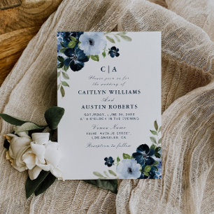 navy light blue floral wedding invitation