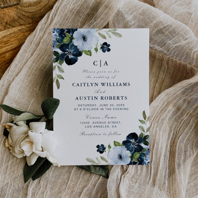 navy light blue floral wedding invitation (Creator Uploaded)