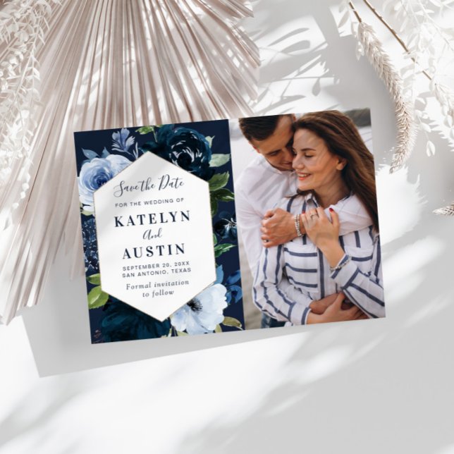 navy light blue floral wedding save the date card (Creator Uploaded)