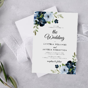 Navy light blue flowers script wedding invitation