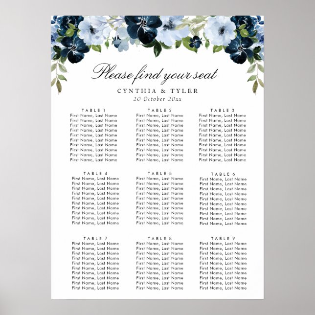 navy light blue flowers wedding seating chart (Front)