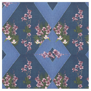 Navy & Light-Blue ribb texture with pink flowers Fabric