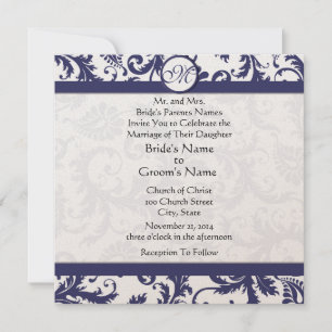 Navy Light Damask Swirls Wedding Invitation