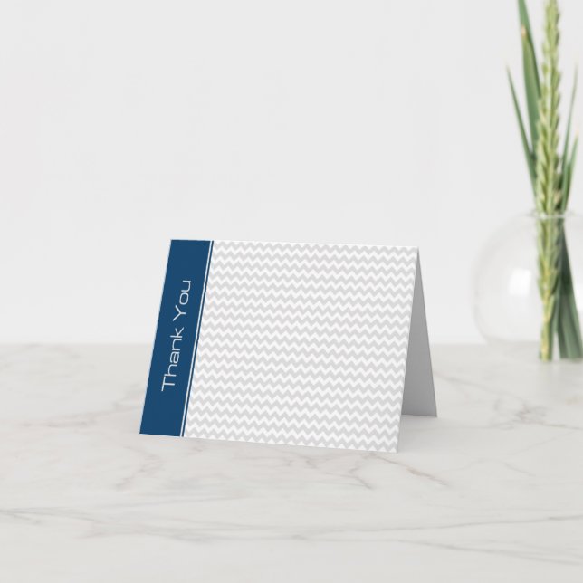 Navy Light Grey Chevron Thank You Note Card (Front)