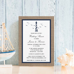 Navy Lighthouse On Burlap Nautical Wedding Shower Invitation