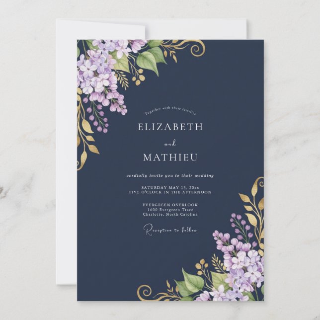 Navy Lilac Botanical Bloom Wedding Invitation (Front)