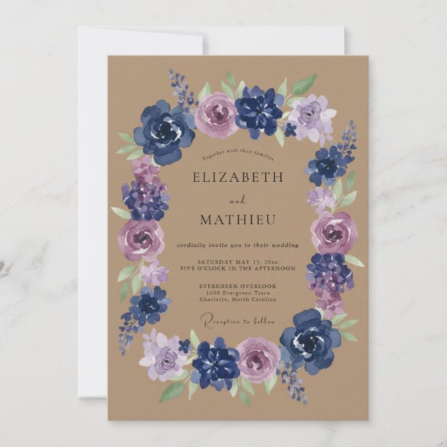 Navy Lilac Botanical Flourish Wedding Invitation (Front)