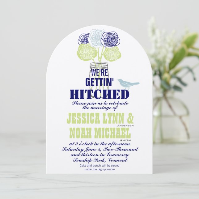 Navy, Lime Rustic Blue Romantic Rose Mason Jar Invitation (Standing Front)