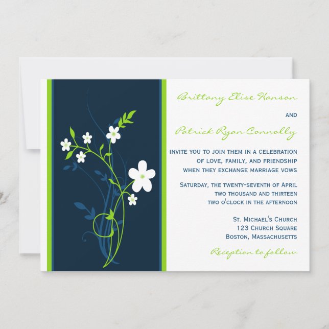 Navy, Lime, White Floral Wedding Invitation (Front)