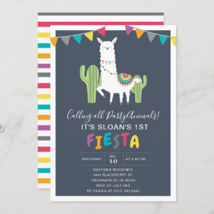 Navy Llama Fiesta Birthday Party Invitation