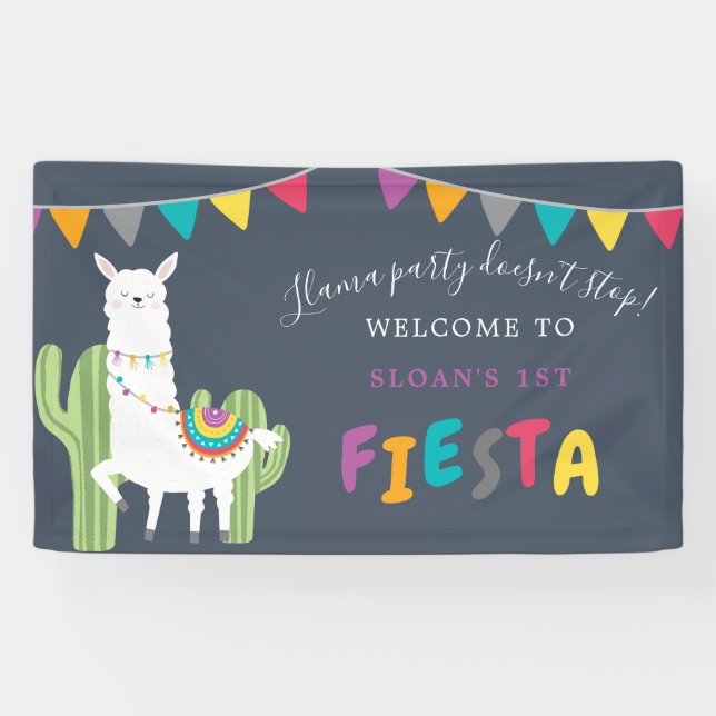 Navy Llama Fun Cactus Birthday Party Welcome Banner (Horizontal)