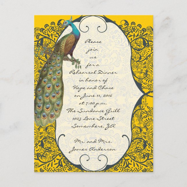 Navy Love Bird Damask Rehearsal Dinner Invitations (Front)