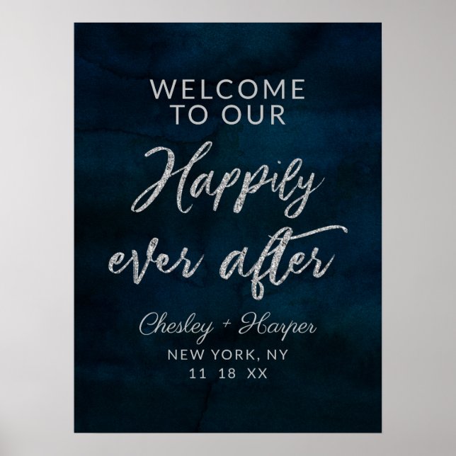 Navy Lustre Blue Happily Ever After Reception Sign (Front)