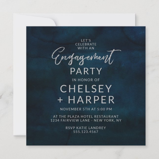 Navy Lustre Blue Let's Celebrate Engagement Party Invitation (Front)