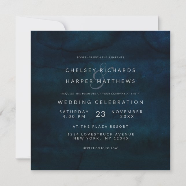 Navy Lustre Dark Blue Minimal Wedding Square Invitation (Front)