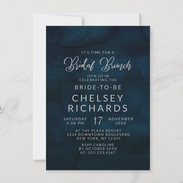 Navy Lustre Dark Blue Silver Bridal Brunch Shower Invitation (Front)