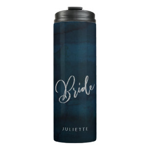 Navy Lustre Dark Blue Silver Monogram Bride Thermal Tumbler