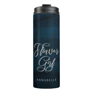 Navy Lustre Dark Blue Silver Monogram Flower Girl Thermal Tumbler