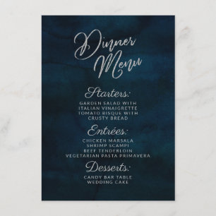 Navy Lustre Dark Blue Silver Watercolor Dinner Menu