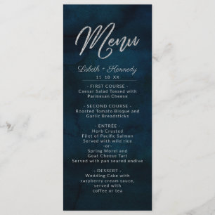 Navy Lustre Dark Blue Silver Watercolor Dinner Menu