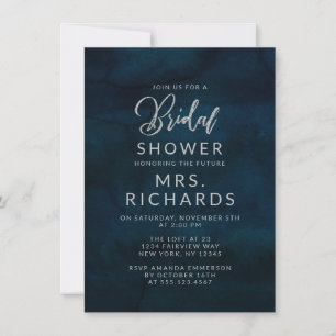 Navy Lustre Dark Blue Silver Wedding Bridal Shower Invitation