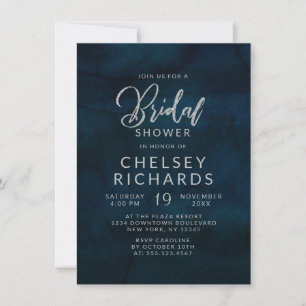 Navy Lustre Dark Blue Silver Wedding Bridal Shower Invitation