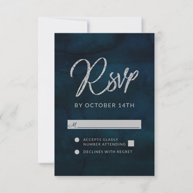Navy Lustre Dark Blue Silver Wedding RSVP Reply Card (Front)