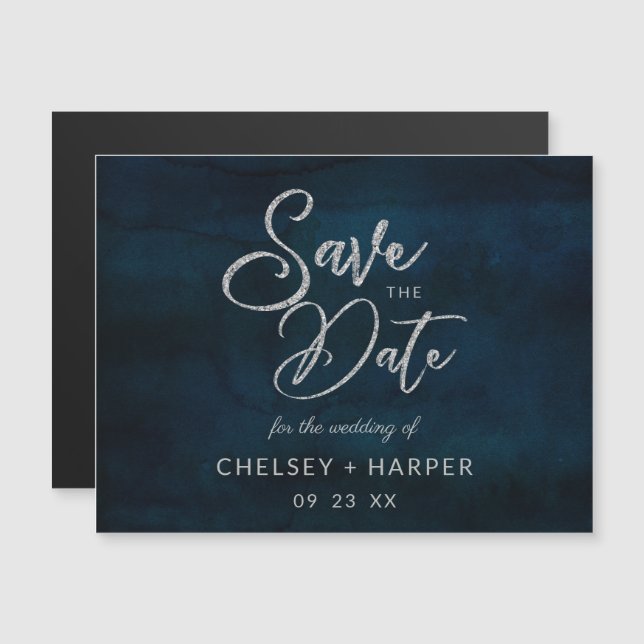 Navy Lustre Dark Blue Silver Wedding Save the Date (Front/Back)