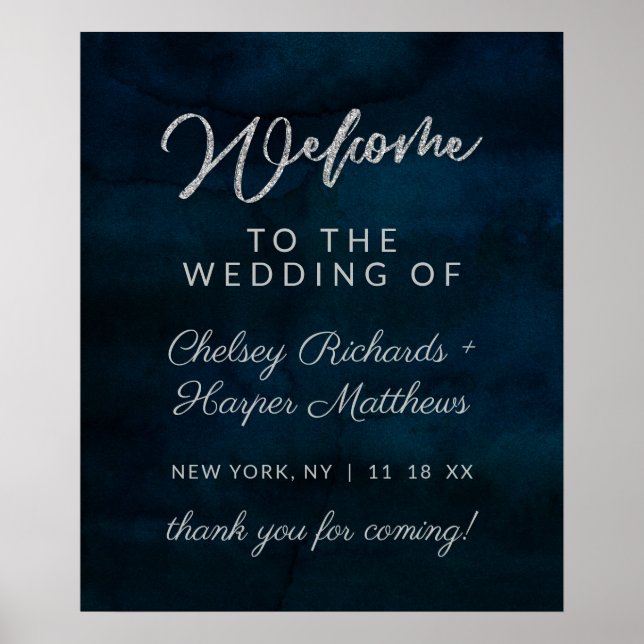 Navy Lustre Dark Blue Silver Wedding Welcome Sign (Front)