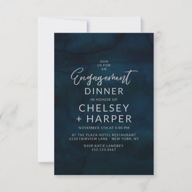 Navy Lustre Dark Blue Watercolor Engagement Party Invitation (Front)