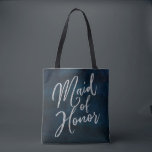 Navy Lustre Dark Blue Watercolor Maid of Honour Tote Bag<br><div class="desc">Navy Lustre Dark Blue Watercolor Design,  with Silver Sparkle Typography,  and beautiful watercolour background texture. With Modern Chic Script Fonts. A trendy & Luxurious style - Personalised Monogram Maid of Honour Tote Bags!

 ~ Check my shop to see the entire wedding suite for this design!</div>