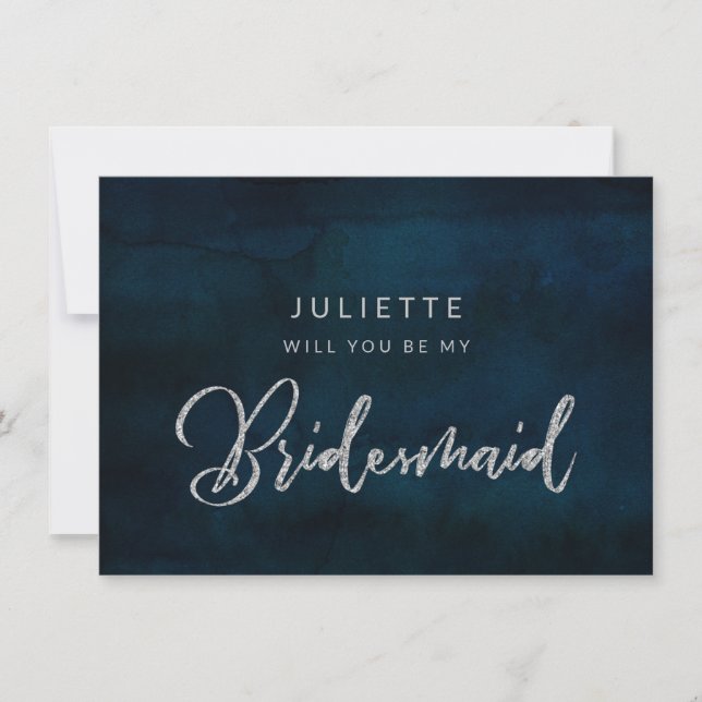 Navy Lustre Silver Be My Bridesmaid Proposal Card (Front)
