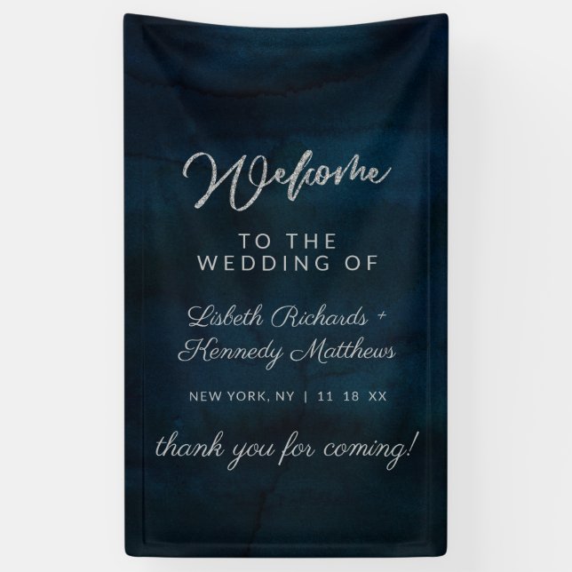 Navy Lustre Silver Blue Watercolor Wedding Welcome Banner (Vertical)