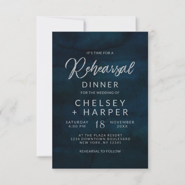 Navy Lustre Silver Blue Wedding Rehearsal Dinner Invitation (Front)