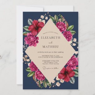 Navy Magenta Hibiscus Eucalyptus Wedding Invitation