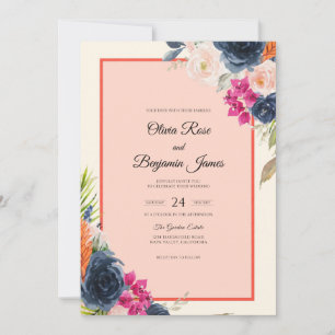Navy Magenta Tropical Eucalyptus Wedding Invitation